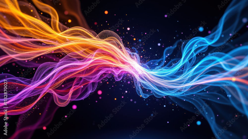 Poster a dynamic abstract with flowing swirls of colorful powder against a dark background.