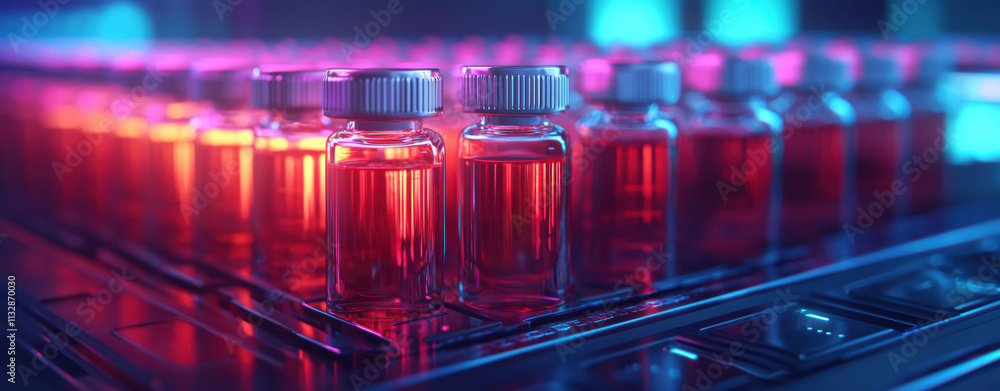 Aufkleber vials filled with red liquid in laboratory setting, illuminated by colorful lights, create vibrant a