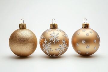 Golden Christmas ornaments with snowflake pattern on white background, hyper-realistic style, festive holiday decorations.