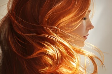 A digital painting of a woman with long, flowing ginger hair, illuminated by soft light.