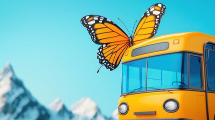vibrant yellow bus with large butterfly perched on top, set against clear blue sky and mountains