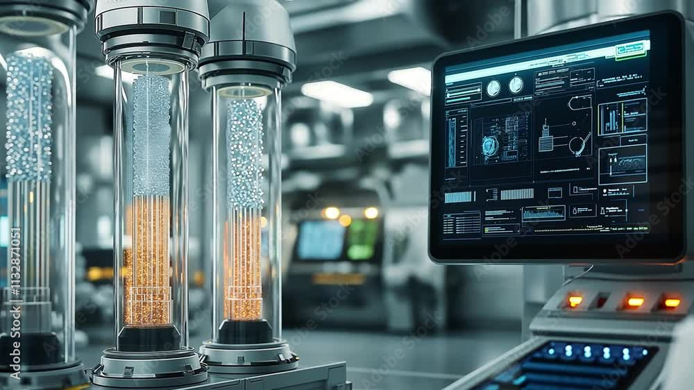 Poster innovative biocomputer system in a high-tech research laboratory showcasing data processing and anal