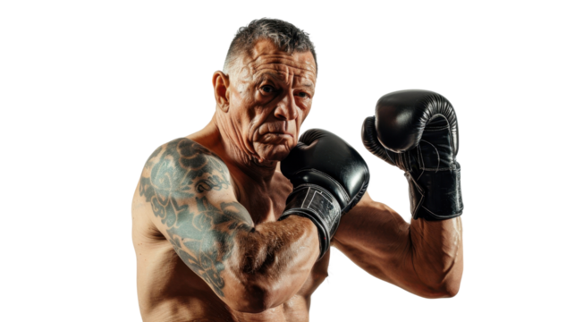Professional caucasian american senior male boxer in gloves exercises punches on white background
 - Powered by Adobe