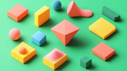 Floating isometric shapes, vibrant pop art colors 
