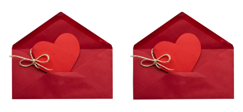 Romantic red card in the form of a heart with a bow made of rope on a open red envelope. With and without shadows. On an isolated transparent background. Congratulations on Valentine's Day PNG