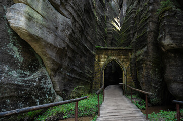 Fototapeta premium Rock city in Adrspach, Czech Republic. Sandstone rocks formation in Adrspach-Teplice Rocks Nature Park. The Gothic Gate 