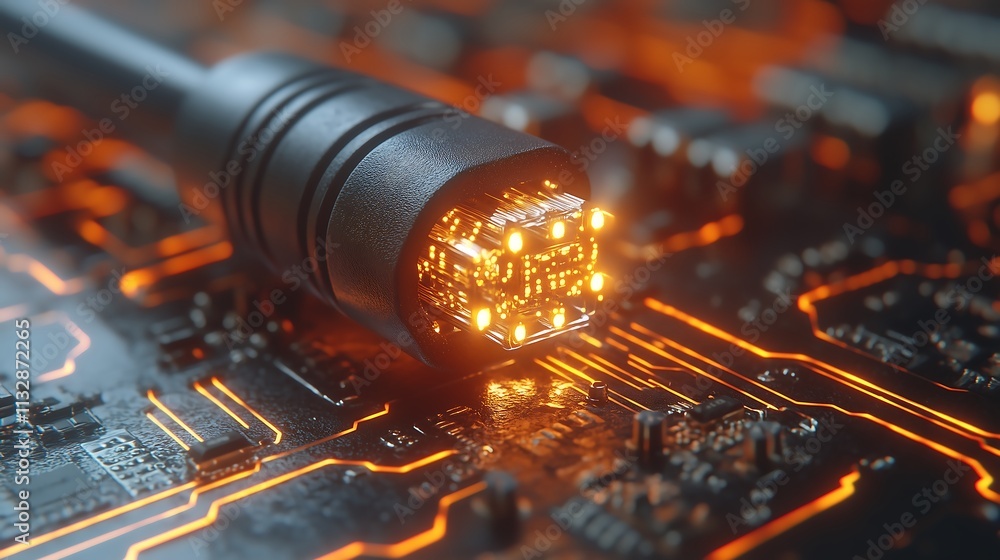 Poster connecting the future: a close-up shot of a glowing connector plugged into a circuit board, symboliz