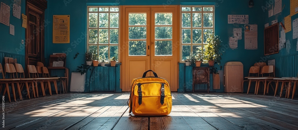Poster yellow backpack sits in empty classroom with sunlight streaming through large windows.