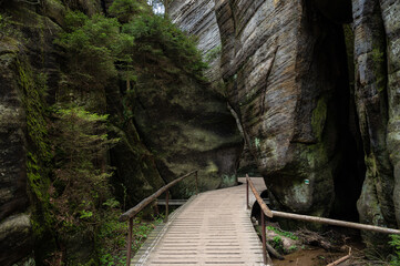 Adrspach - rock town. Nature park - Czech Republic. Sandstone big stones and rocks in the forest. Autumn landscape
