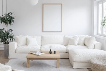 Fototapeta premium Scandinavian living room with bright light, white sectional sofa, minimalist coffee table, and mockup poster frame styled horizontally.