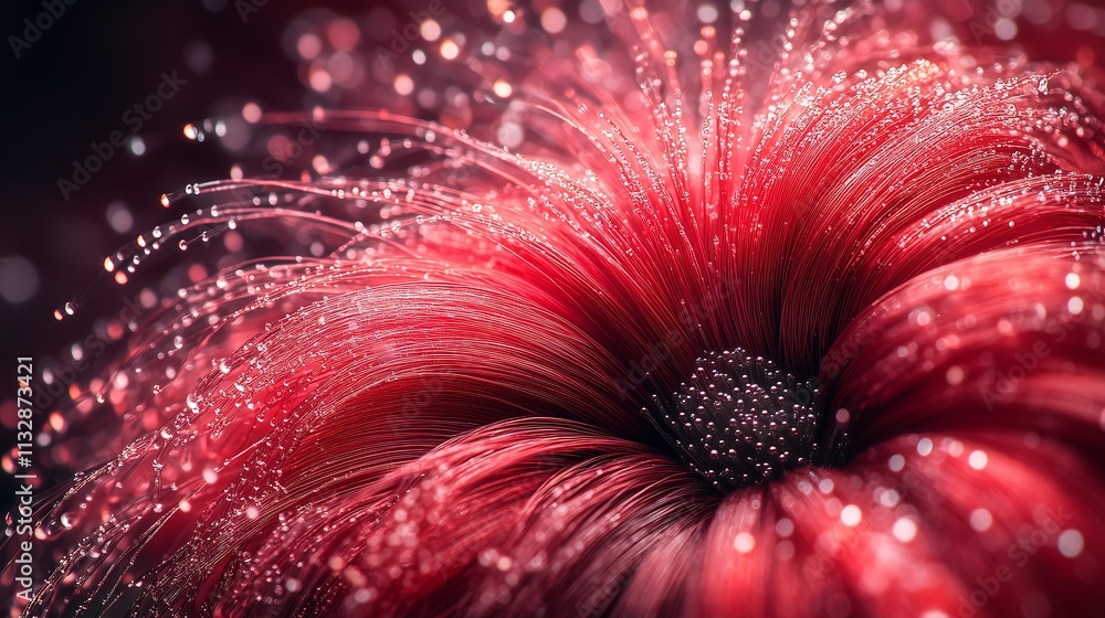 Poster red flower in dew drops: a mesmerizing close-up of a red flower, glistening with dewdrops, bathed in