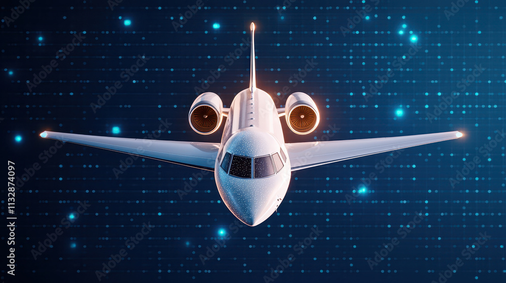Poster high tech airplane concept with glowing engines and digital background