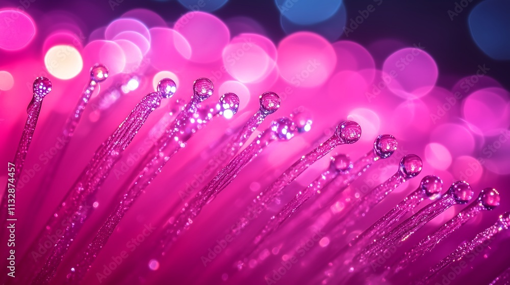 Poster vibrant neon bokeh: a mesmerizing abstract close-up of dew drops clinging to illuminated fibers agai