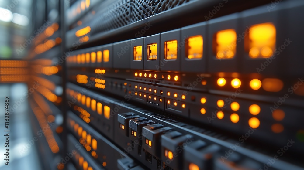 Poster server room glow: a close-up of a server rack with glowing lights, highlighting the intricate techno