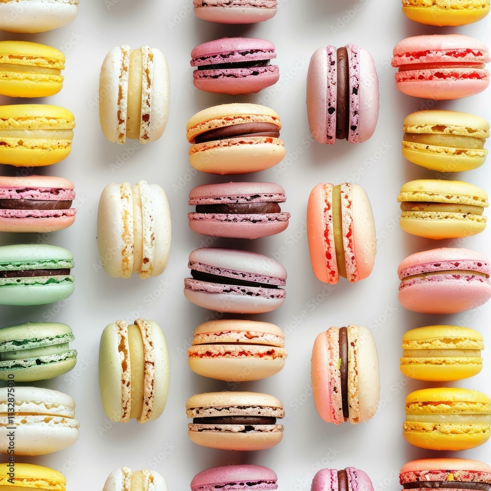 Poster delicious colorful french macarons arranged in vertical rows on a white background, creating a visua