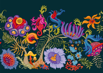 Obraz premium Fantasy, alien hypnotic flowers, decorative flowers and leaves. Cartoon style. Millefleurs trendy floral design. Seamless pattern, background. Outline hand drawing vector illustration.