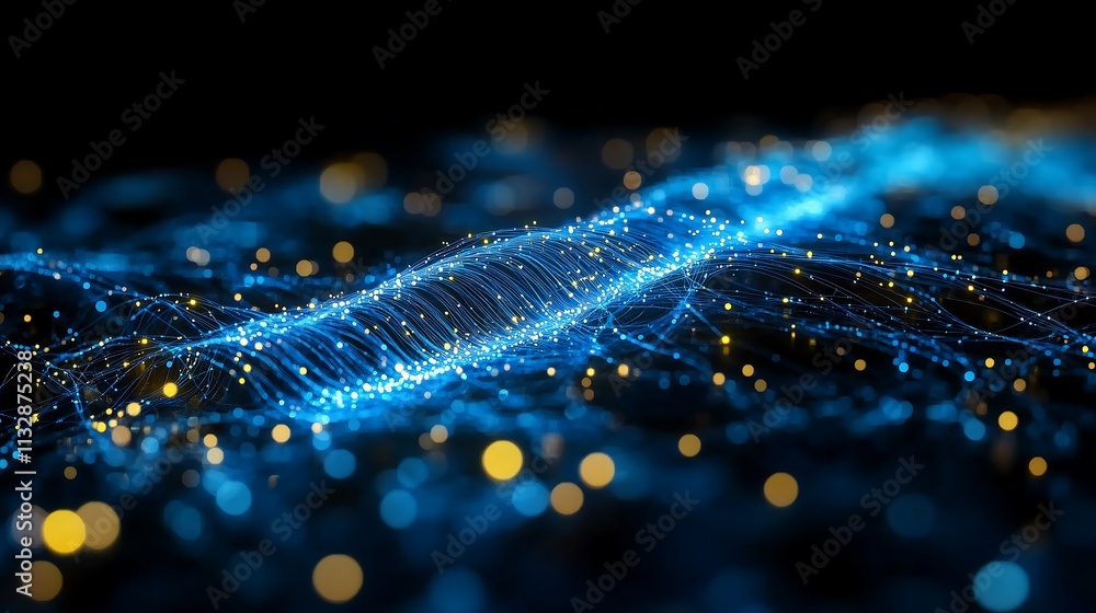 Poster abstract digital wave: a mesmerizing digital wave of blue and gold particles dances across a black b