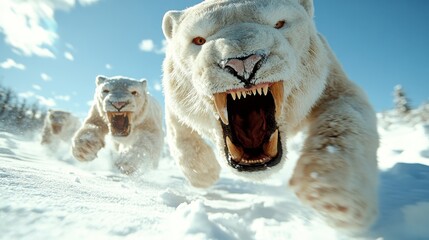 Saber-toothed cats sprint energetically through a frozen wilderness, showcasing survival instinct and predatory prowess in a world of ice and snow.