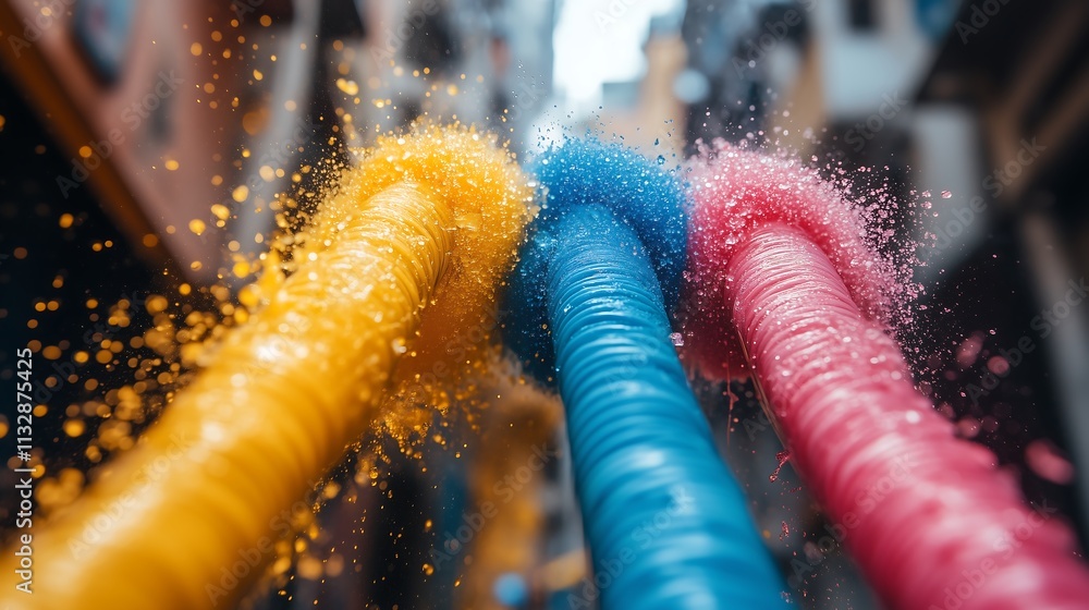 Poster color burst: a vibrant explosion of color fills the frame as two streams of paint collide, creating 