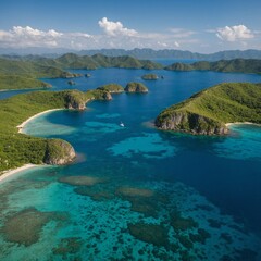 Fototapeta premium A tranquil bay with clear blue water, surrounded by green hills and dotted with small islands.
