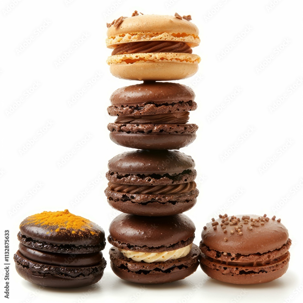 Poster stacked macarons with various flavors and toppings create a visually appealing and tempting dessert 