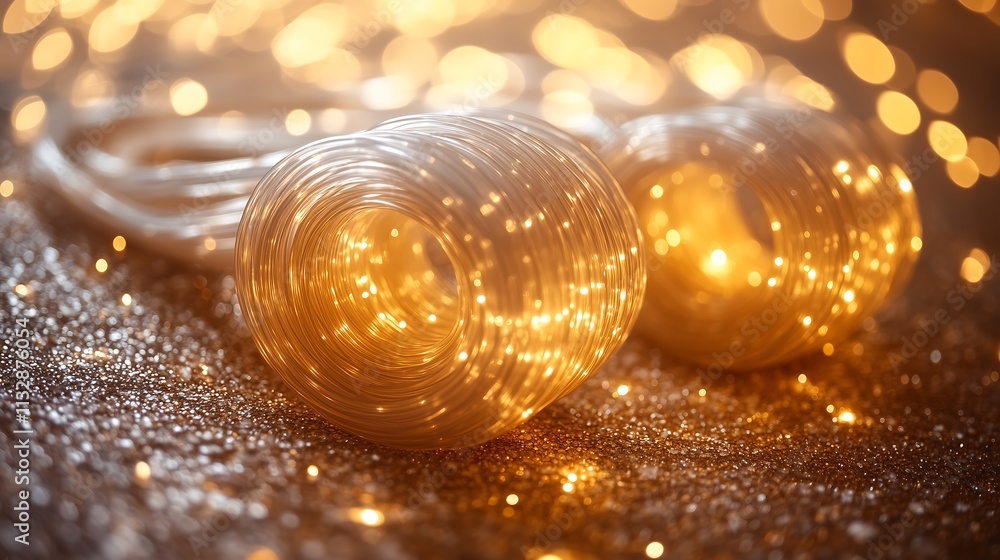 Poster sparkling celebration: two white orbs, adorned with a dazzling array of golden lights, create a mesm