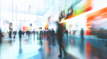 Fototapeta premium Blur, defocused background of public exhibition hall. Business tradeshow, job fair, or stock market. Organization or company event, commercial trading, or shopping mall marketing advertisement concept