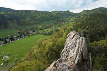 Spiky sandstone rock formation near Mala Skala. Landscape of Bohemian Paradise, Czech Republic
