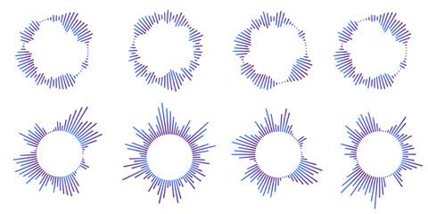 Set of circular ripple icons. Concentric circles with broken lines isolated on white background. Vortex, sonar wave, soundwave, sunburst, signal signs. Vector graphic illustration