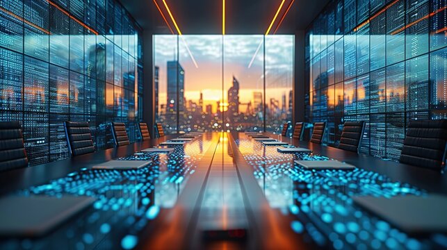 A futuristic boardroom with a city skyline view.