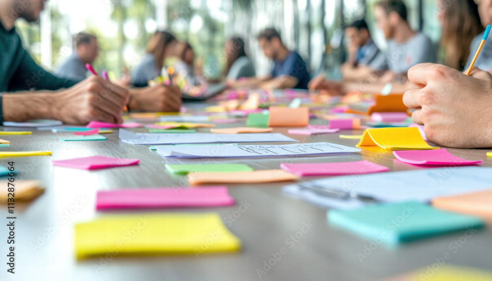 Poster business meeting note paper. collaborative workspace with team members using sticky notes and brains