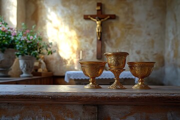 Three golden chalices on a wooden surface in a church with a crucifix in the background