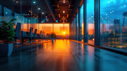 A long hallway in a modern office building with a view of the city skyline at sunset.