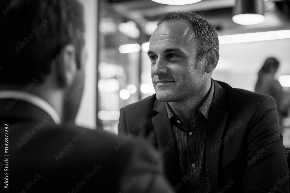 Poster professional business meeting between two men in a modern office setting discussing strategies and i