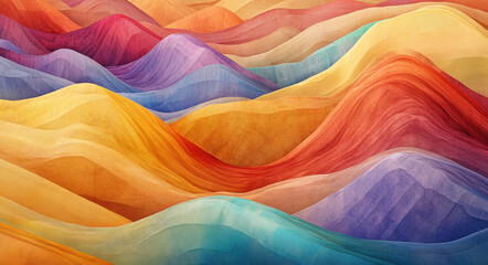 Obraz premium Vibrant abstract artwork showcases layered waves of color, illustrating a dynamic landscape filled with reds, oranges, yellows, blues, and purples, creating depth and movement.