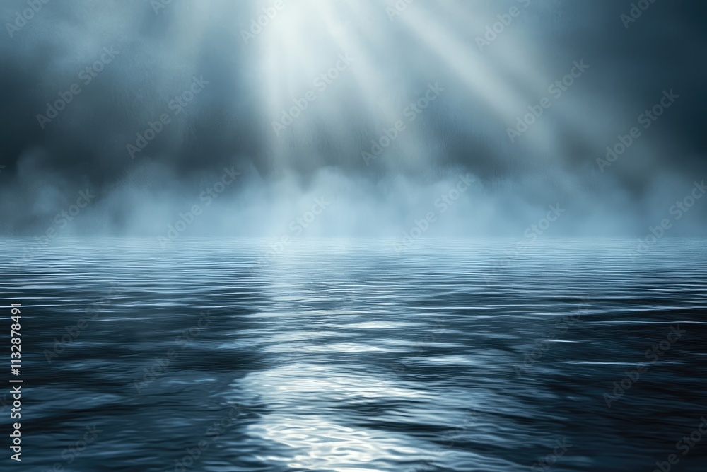 Poster dramatic light rays penetrating dark mist over a calm water surface creating an enigmatic atmosphere
