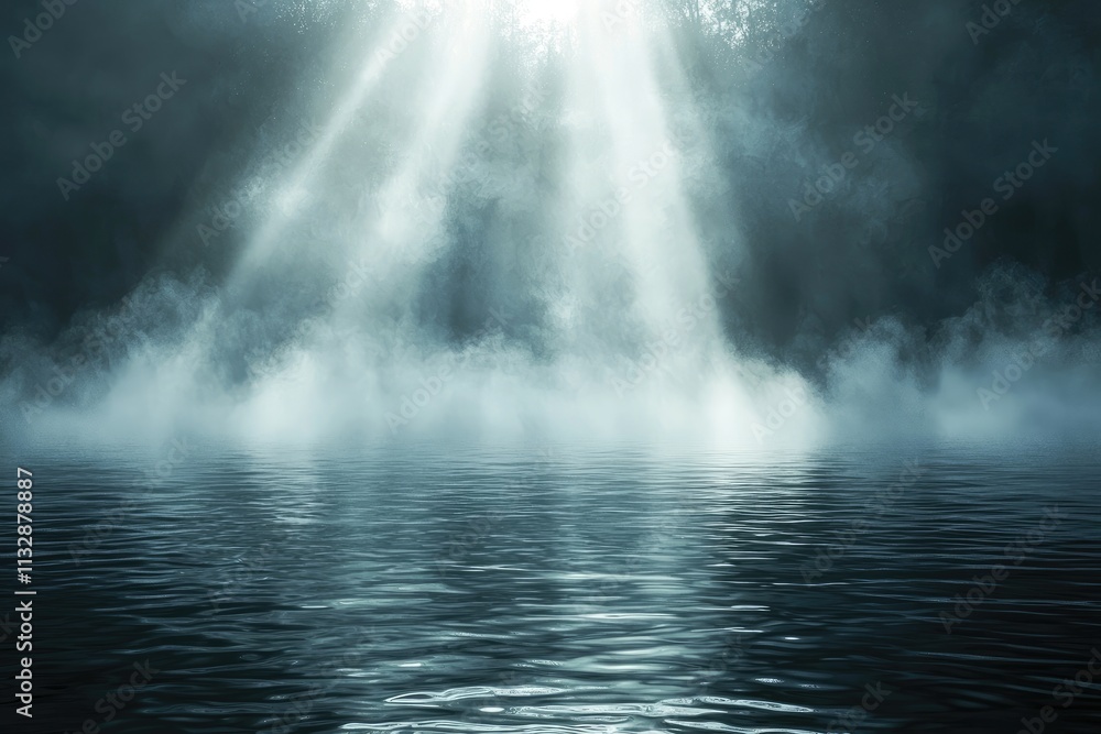 Poster dramatic light rays penetrating dark mist over a calm water surface creating an enigmatic atmosphere