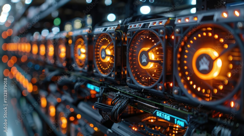 Poster rows of glowing orange cryptocurrency mining rigs. close-up view of computer hardware components, wi