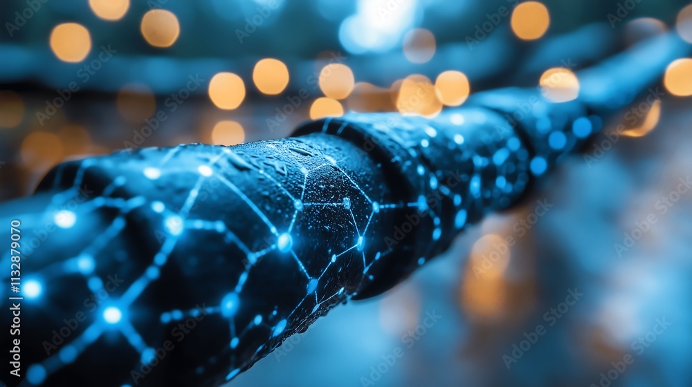 Poster network flow: glowing blue lines representing a digital network stream along a futuristic cable, wit