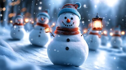 Fototapeta premium Cheerful snowman holding a lantern in a snowy landscape during a winter evening celebration
