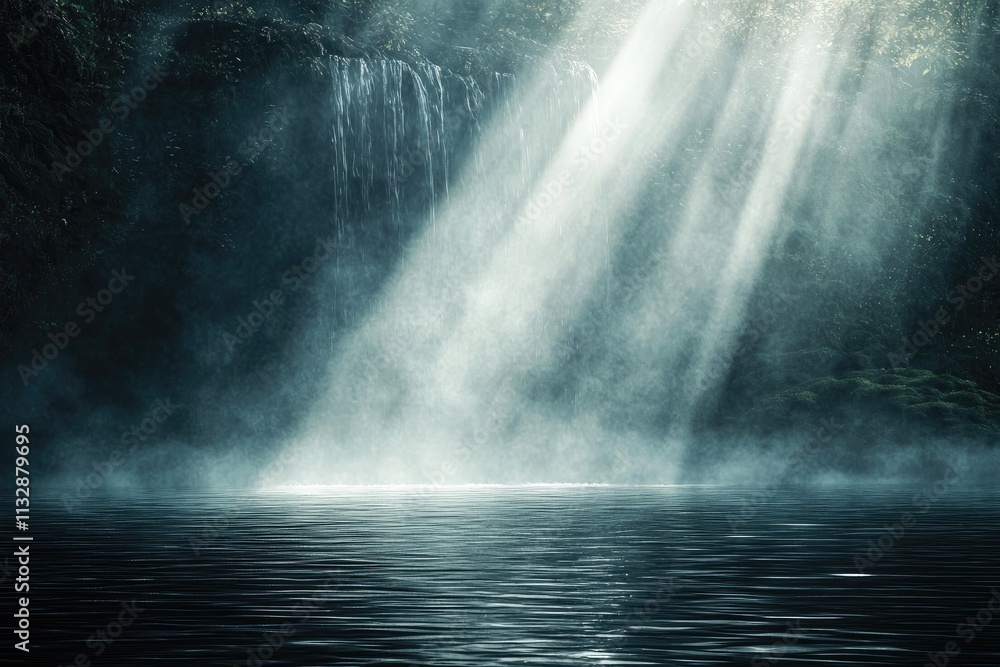 Poster dramatic light rays penetrating dark mist over a calm water surface creating an enigmatic atmosphere