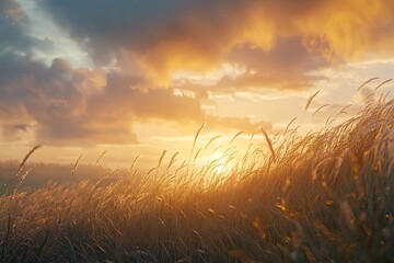 Naklejka premium Soft Focus on Tall Grass Against a Dreamy Sunset Sky, Capturing Nature s Beauty and Tranquility in a Serene Landscape Atmosphere
