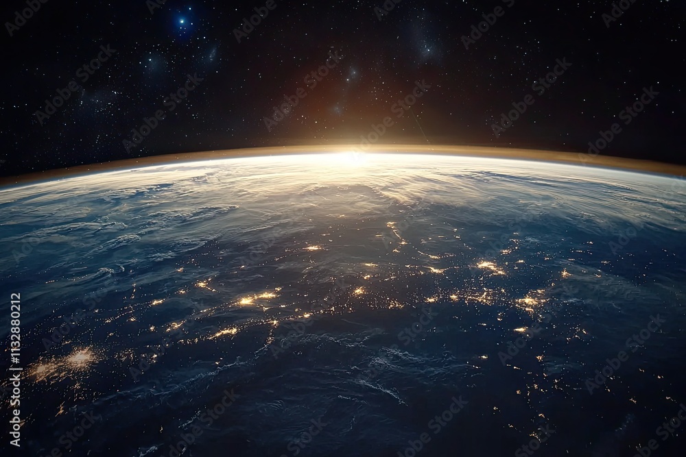 Poster stunning view of earth with light trails and data visualization illustrating global connectivity and