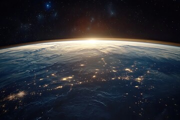 Obraz premium Stunning View of Earth with Light Trails and Data Visualization Illustrating Global Connectivity and Technology Advancement from Space