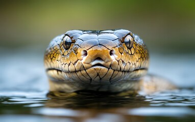 An anaconda s head emerging from water, eyes fixed, a moment of predatory focus, Anaconda, Water Predator Focus Stealth Head