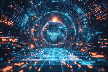 Fototapeta premium Futuristic Digital Interface with Glowing Blue Circuits and Abstract Patterns Representing Technology and Data Flow in Virtual Space