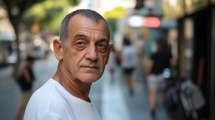 Obraz premium Man with a white shirt and gray hair is standing in the street