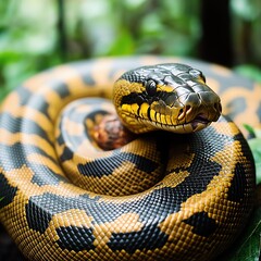 Fototapeta premium Coiled python in lush green foliage
