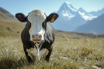Happy Black and White Cow Looking at the Camera in a Lush Green Field with Mountains and Clear Blue Sky in the Background