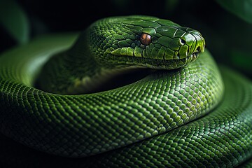 Obraz premium Emerald tree boa coiled, close-up